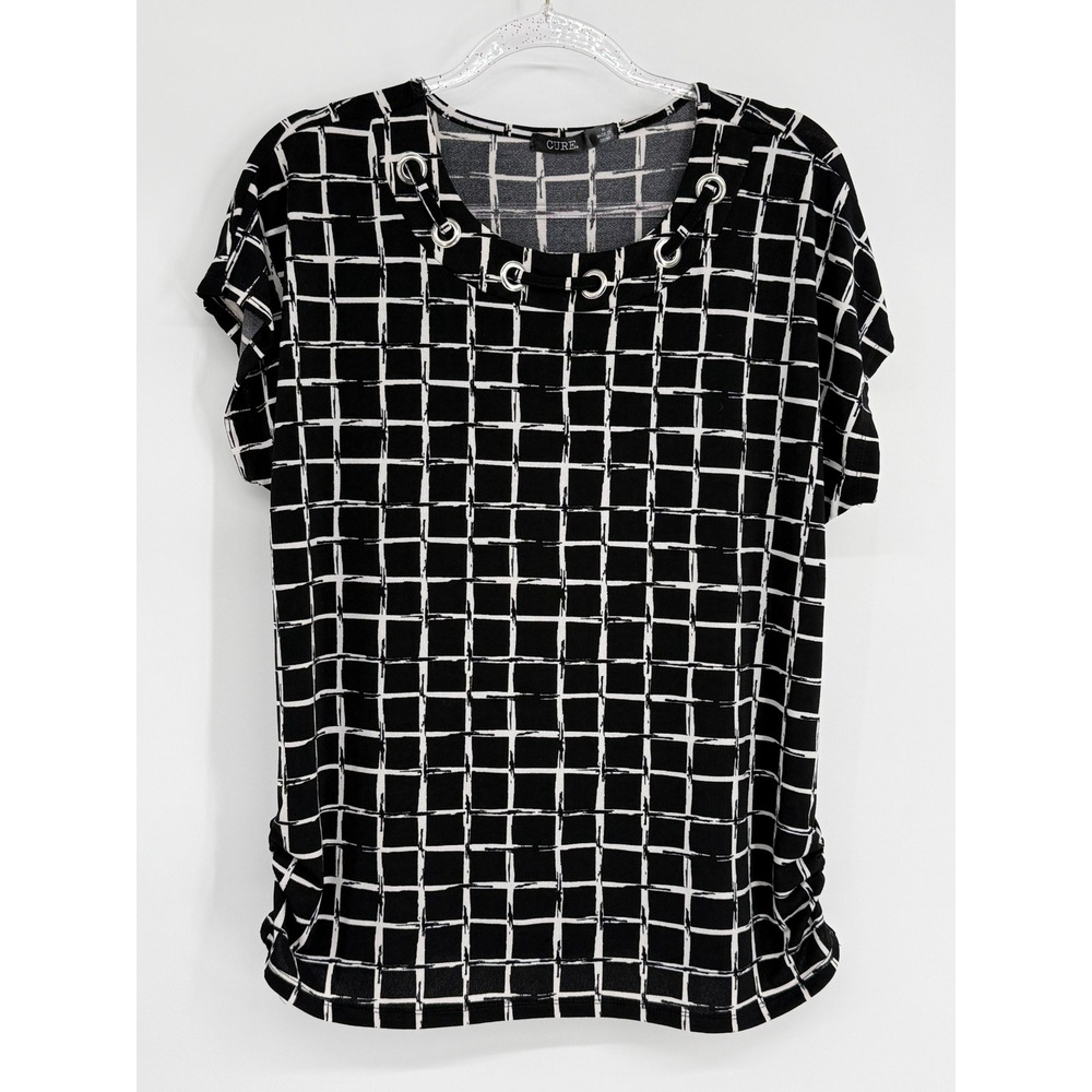 CURE Womens Black White Windowpane Grid Grommet Neck Ruched Top Sz M
